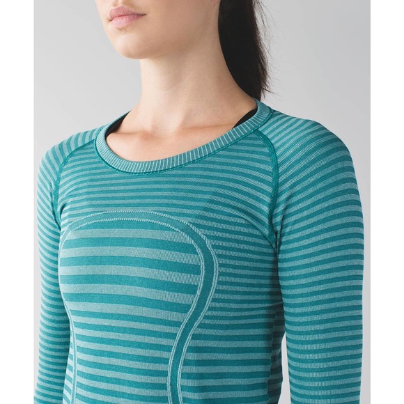 Lululemon Swiftly Tech Long Sleeve Top 4 Striped Teal Crew Neck - Picture 5 of 13
